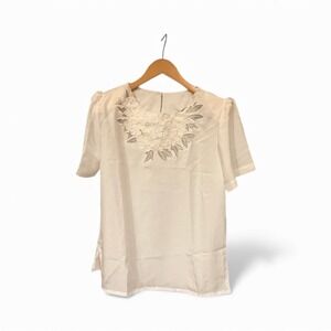 Vtg 80s Susan Hutton Embroidered Floral Neckline Short Sleeve Top 12 fits M